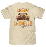 Beige t-shirt with vintage Chevrolet Chevelle graphic on the back