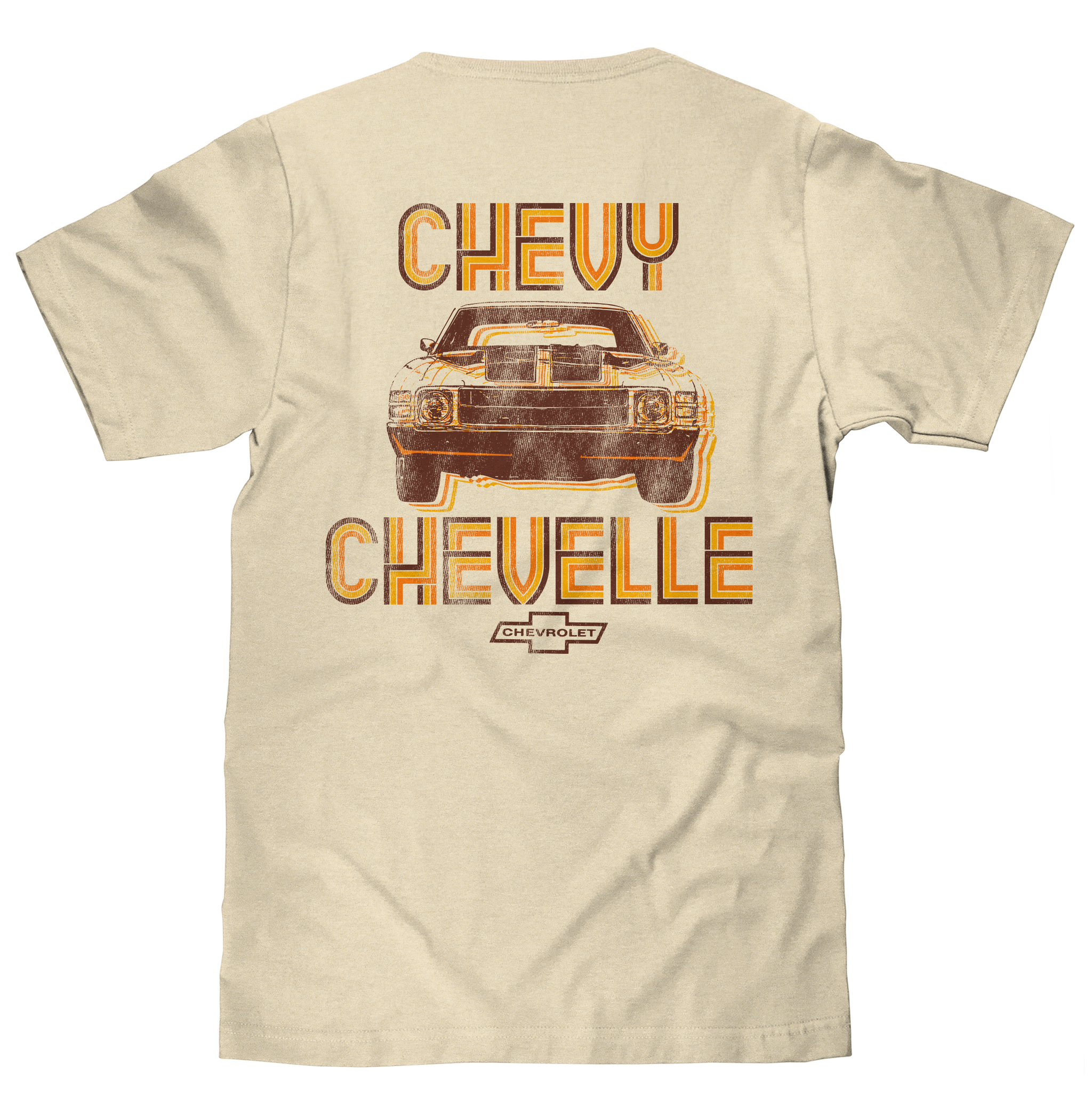 Beige t-shirt with vintage Chevrolet Chevelle graphic on the back