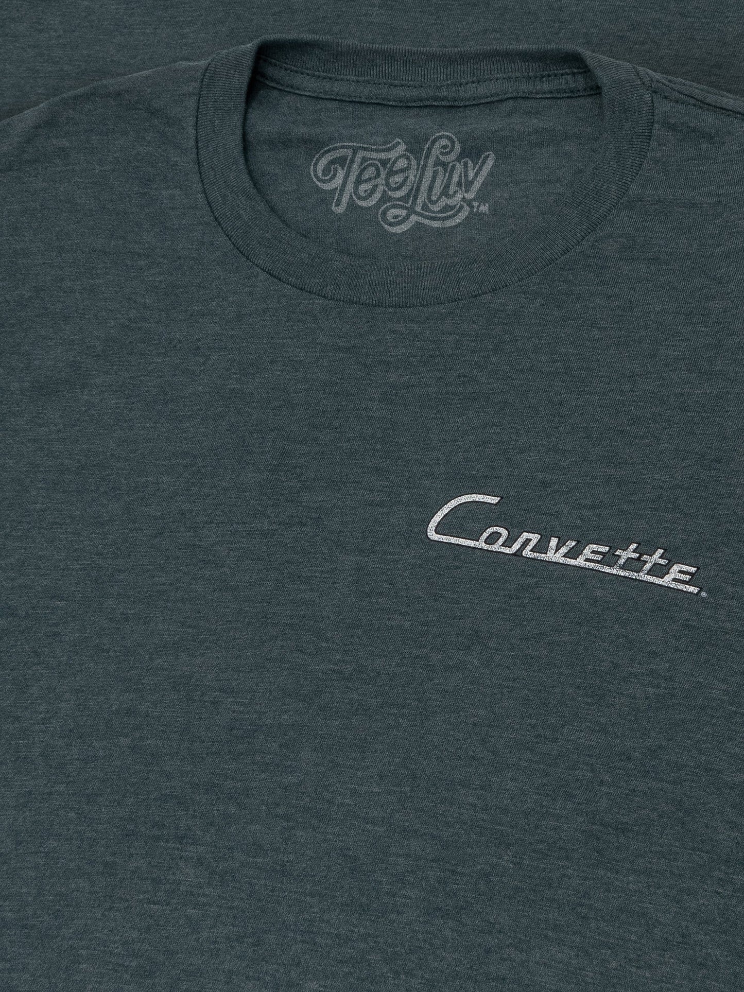 Dark gray t-shirt with 'Teefly' logo on neckline and 'Corvette' logo on chest.
