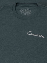 Dark gray t-shirt with 'Teefly' logo on neckline and 'Corvette' logo on chest.