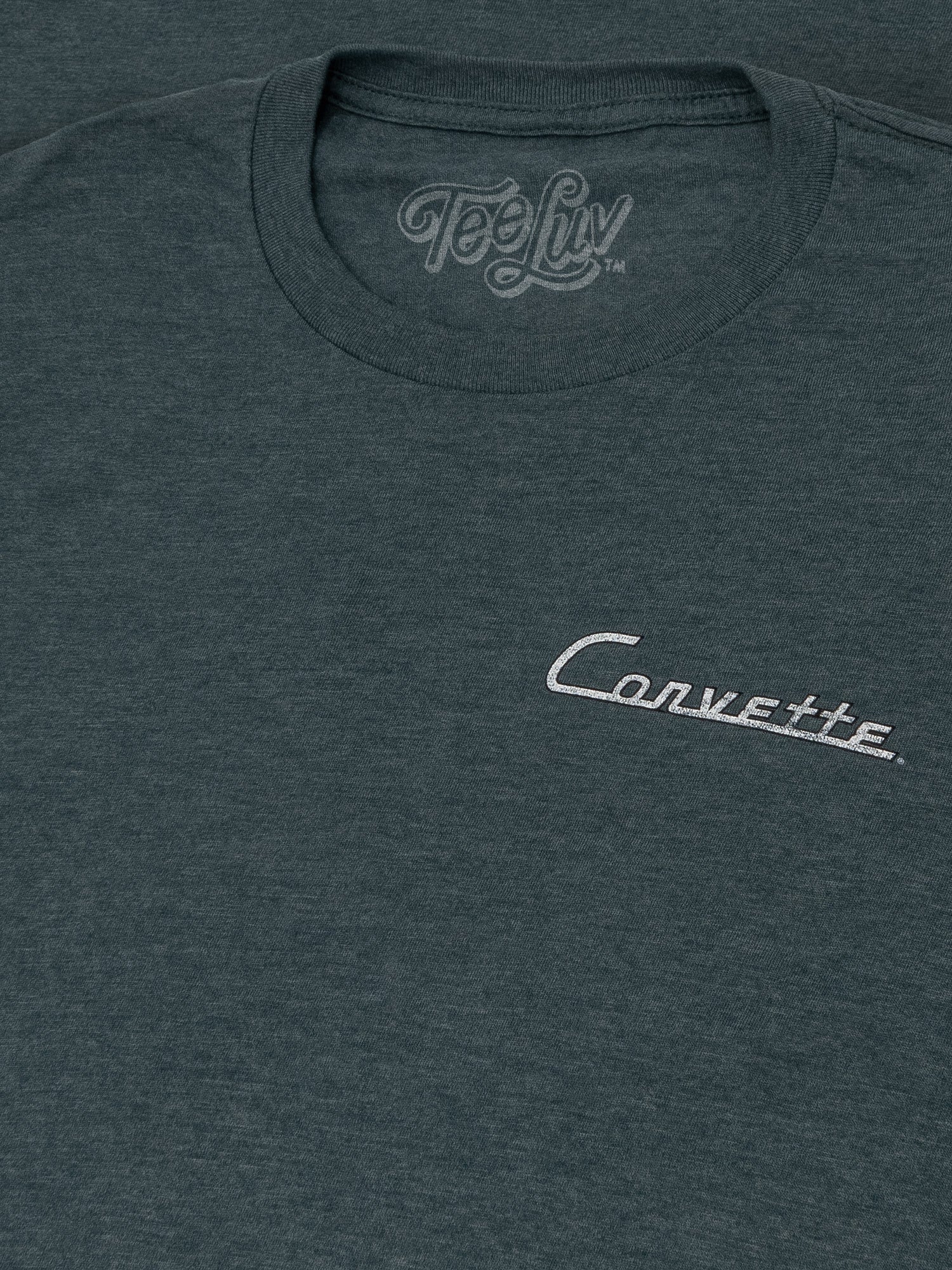 Dark gray t-shirt with 'Teefly' logo on neckline and 'Corvette' logo on chest.