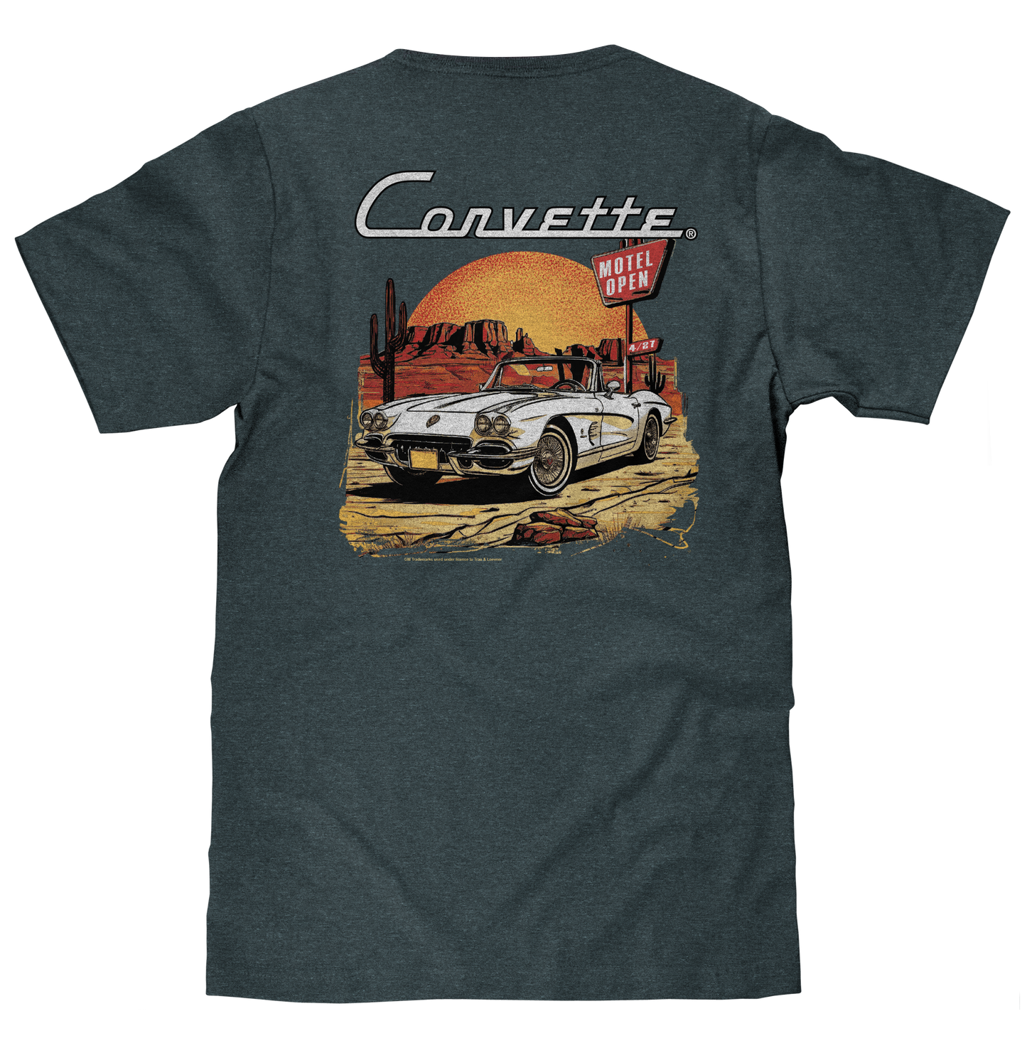 Gray t-shirt with Corvette graphic on a white background