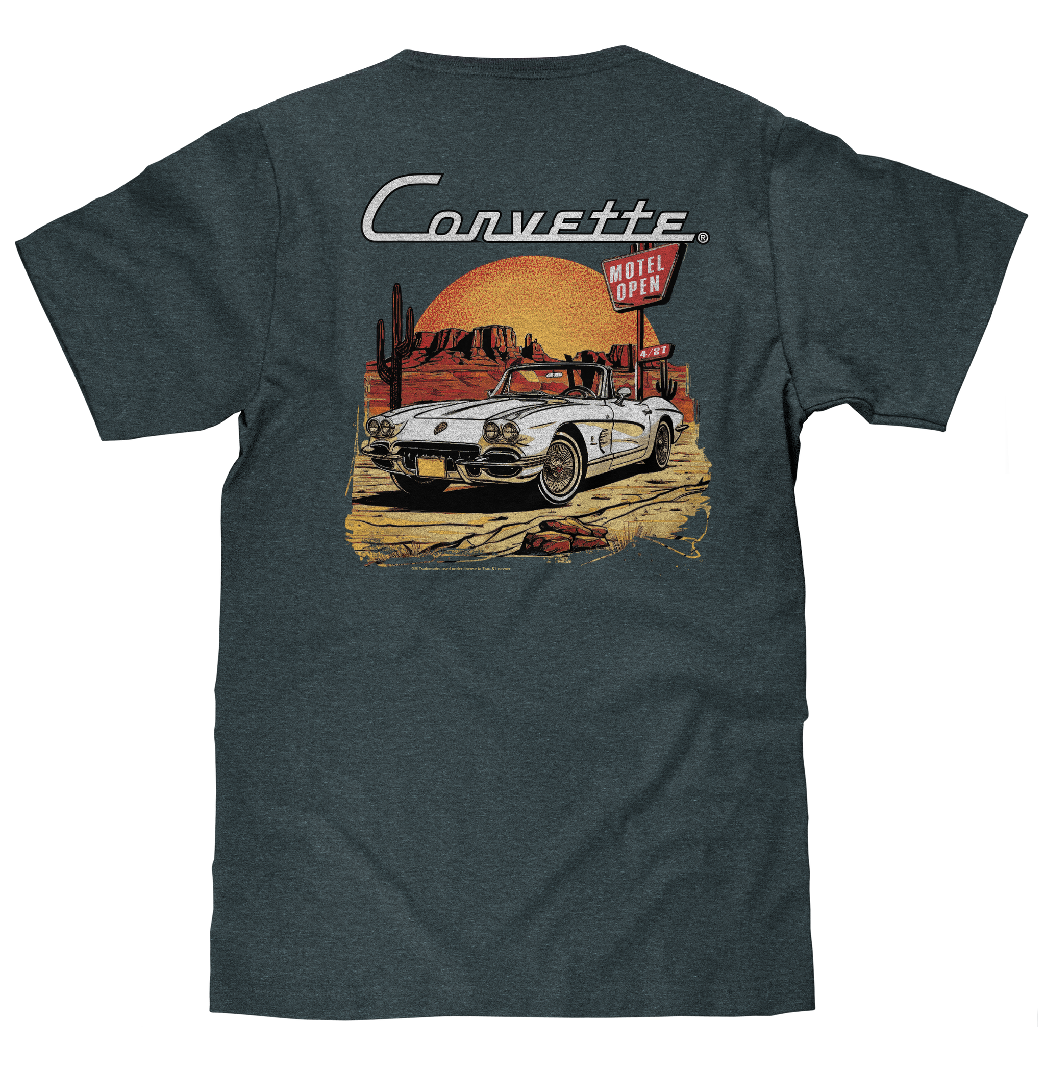 Gray t-shirt with Corvette graphic on a white background