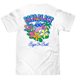 White t-shirt with colorful graphic design and text on a white background