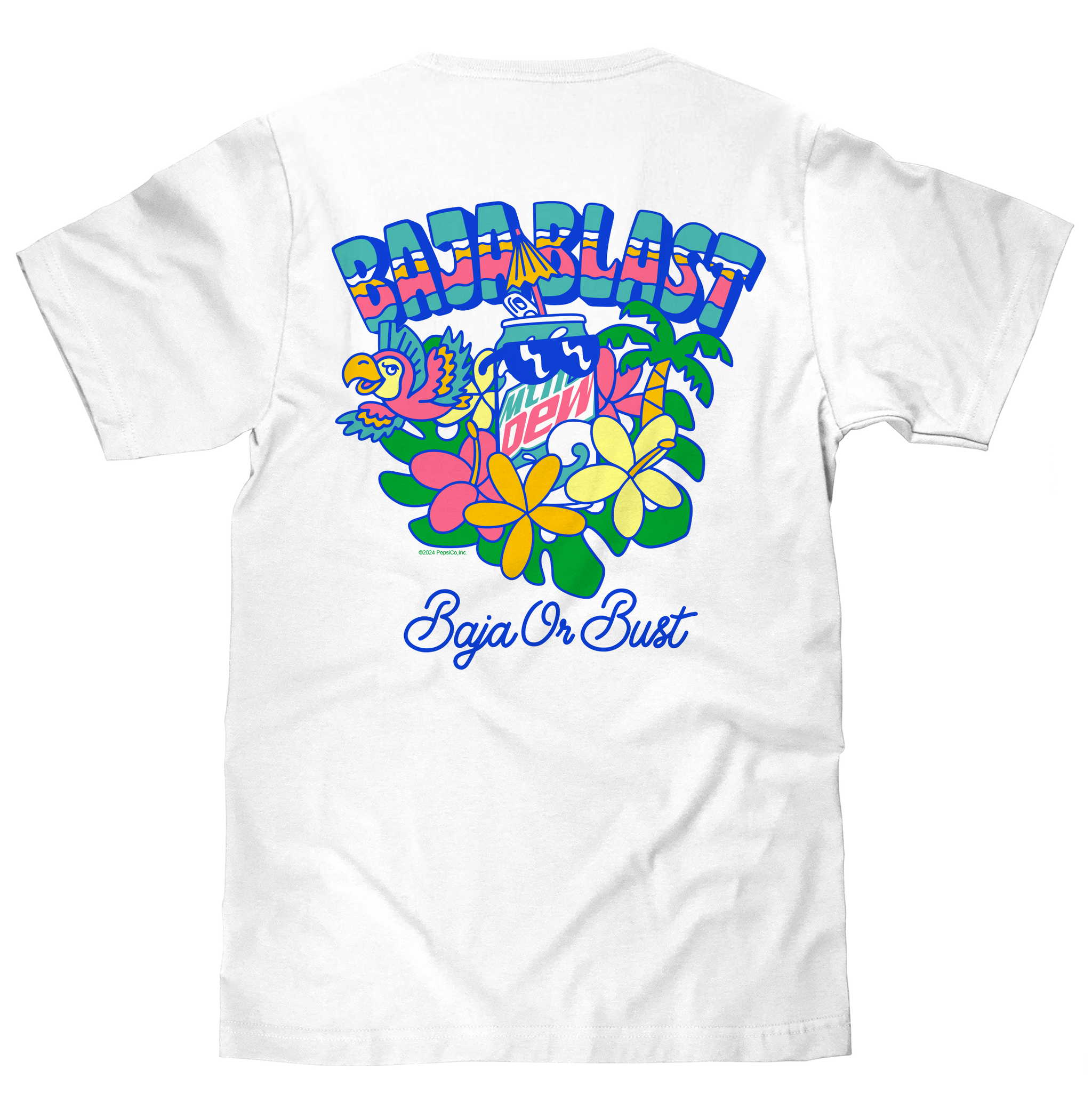 White t-shirt with colorful graphic design and text on a white background