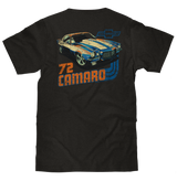 Black t-shirt with a graphic of a 1972 Camaro and Chevrolet logo on the back.