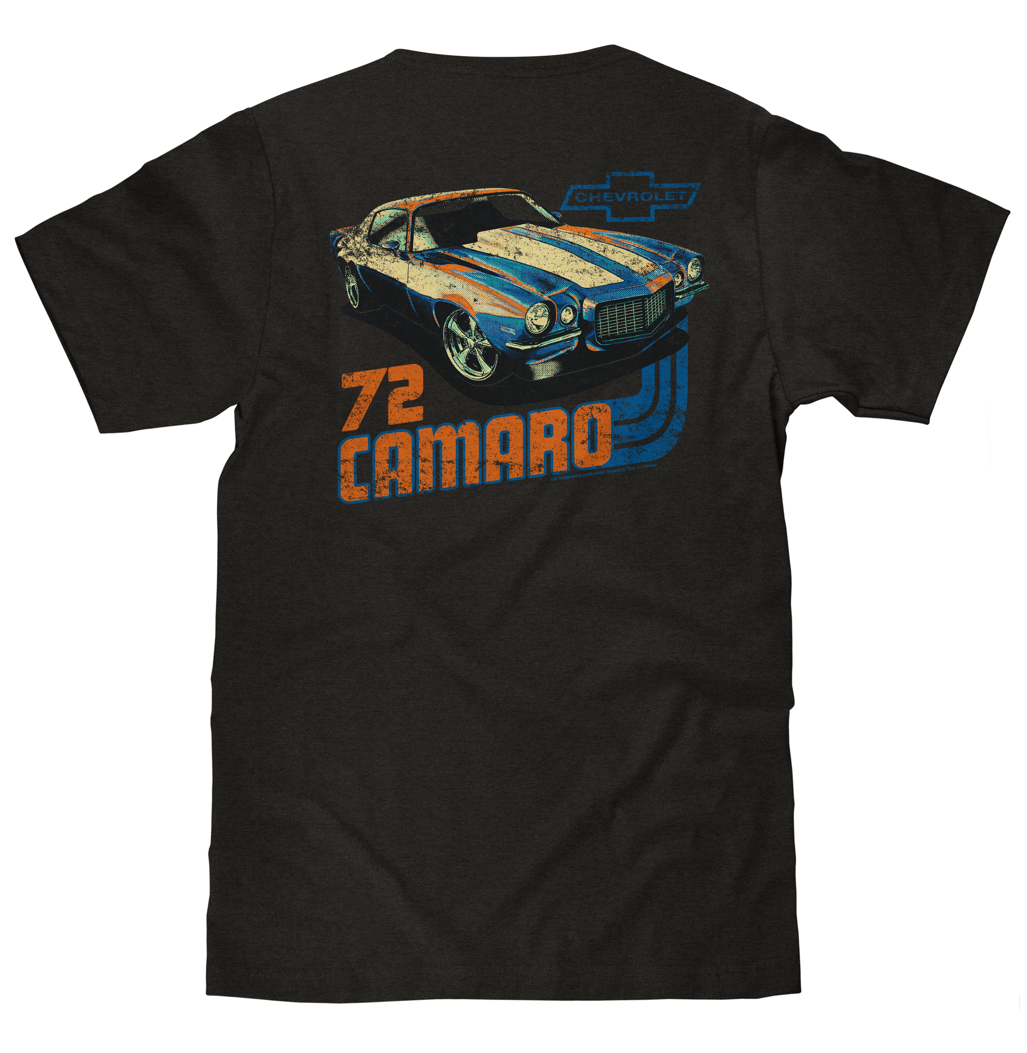 Black t-shirt with a graphic of a 1972 Camaro and Chevrolet logo on the back.