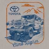 Toyota logo with vintage truck graphic and 'Climb Higher' text on a beige background