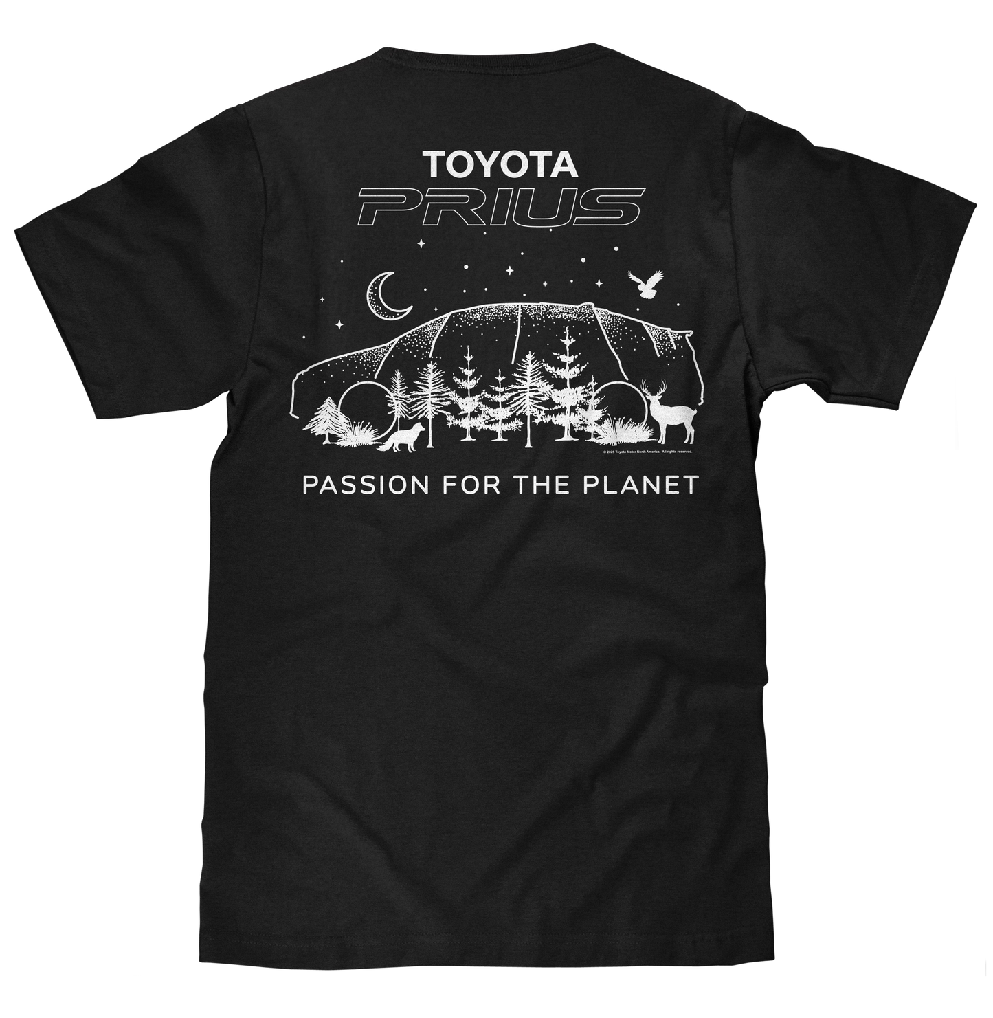 Black t-shirt with Toyota Prius design and 'Passion for the Planet' text on a white background