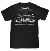 Black t-shirt with Toyota Prius design and 'Passion for the Planet' text on a white background