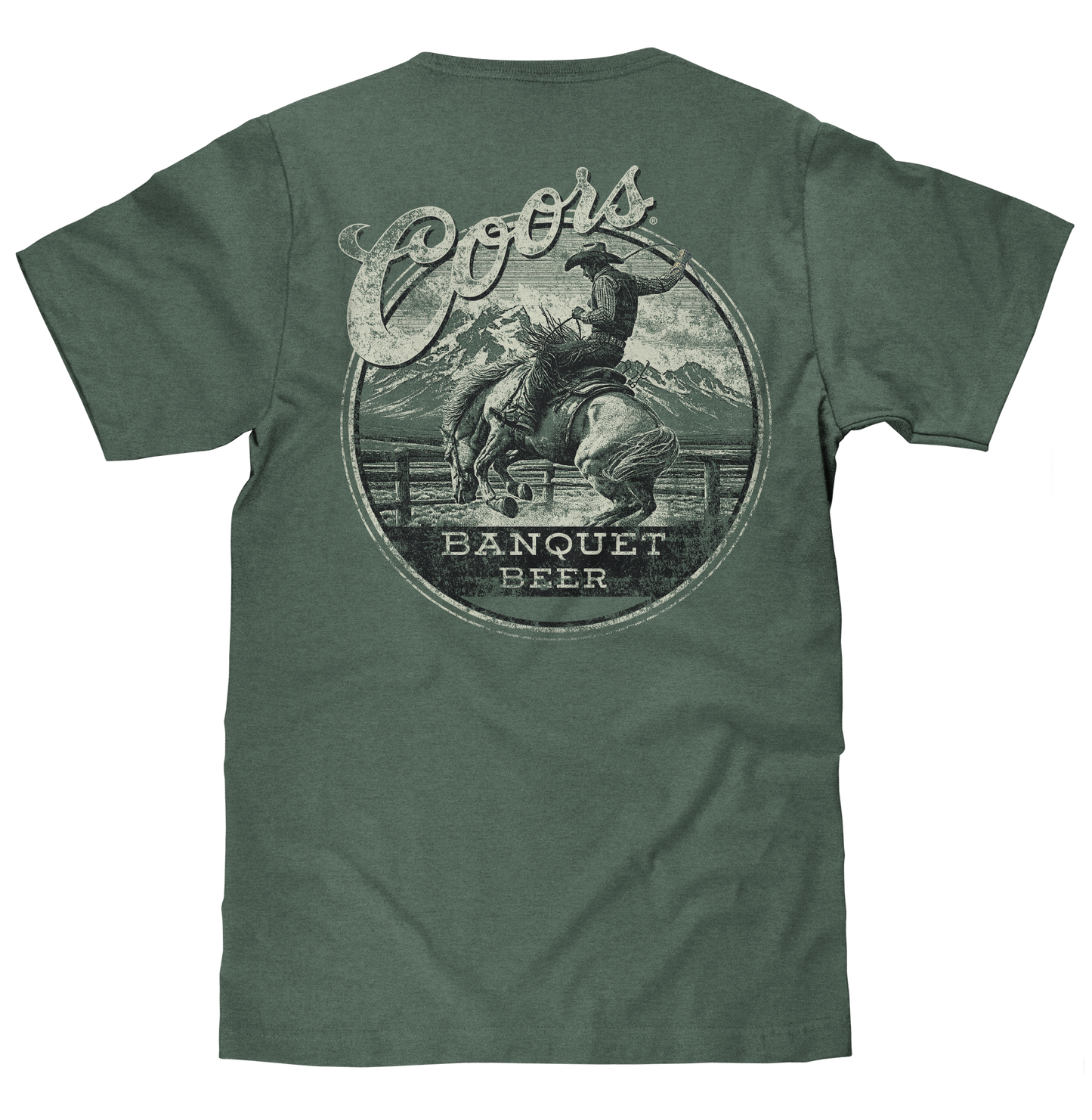 Green t-shirt with Coors Banquet Beer graphic on a white background