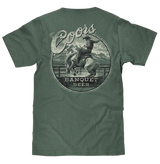 Green t-shirt with Coors Banquet Beer graphic on a white background