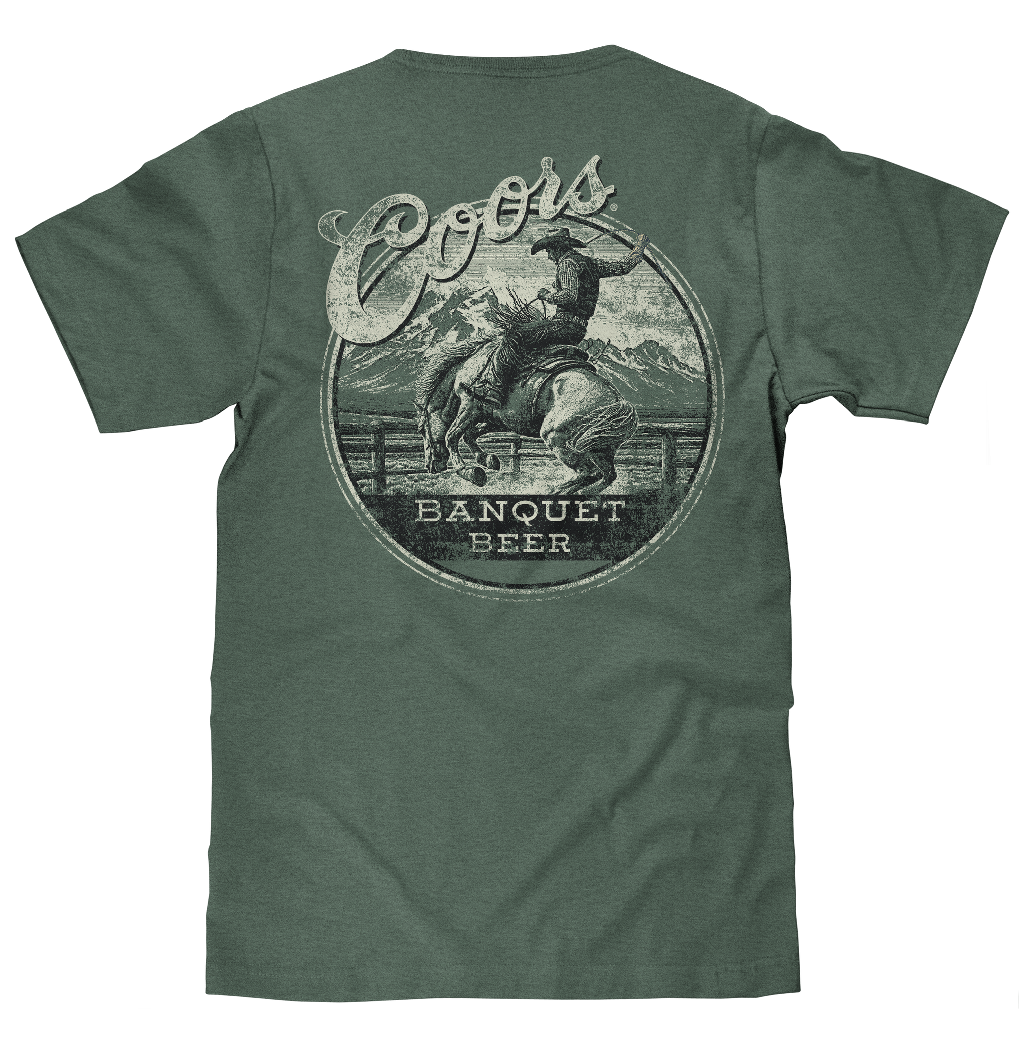 Green t-shirt with Coors Banquet Beer graphic on a white background