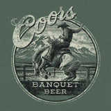 Coors Banquet Beer logo with a cowboy on a horse against a mountainous background.