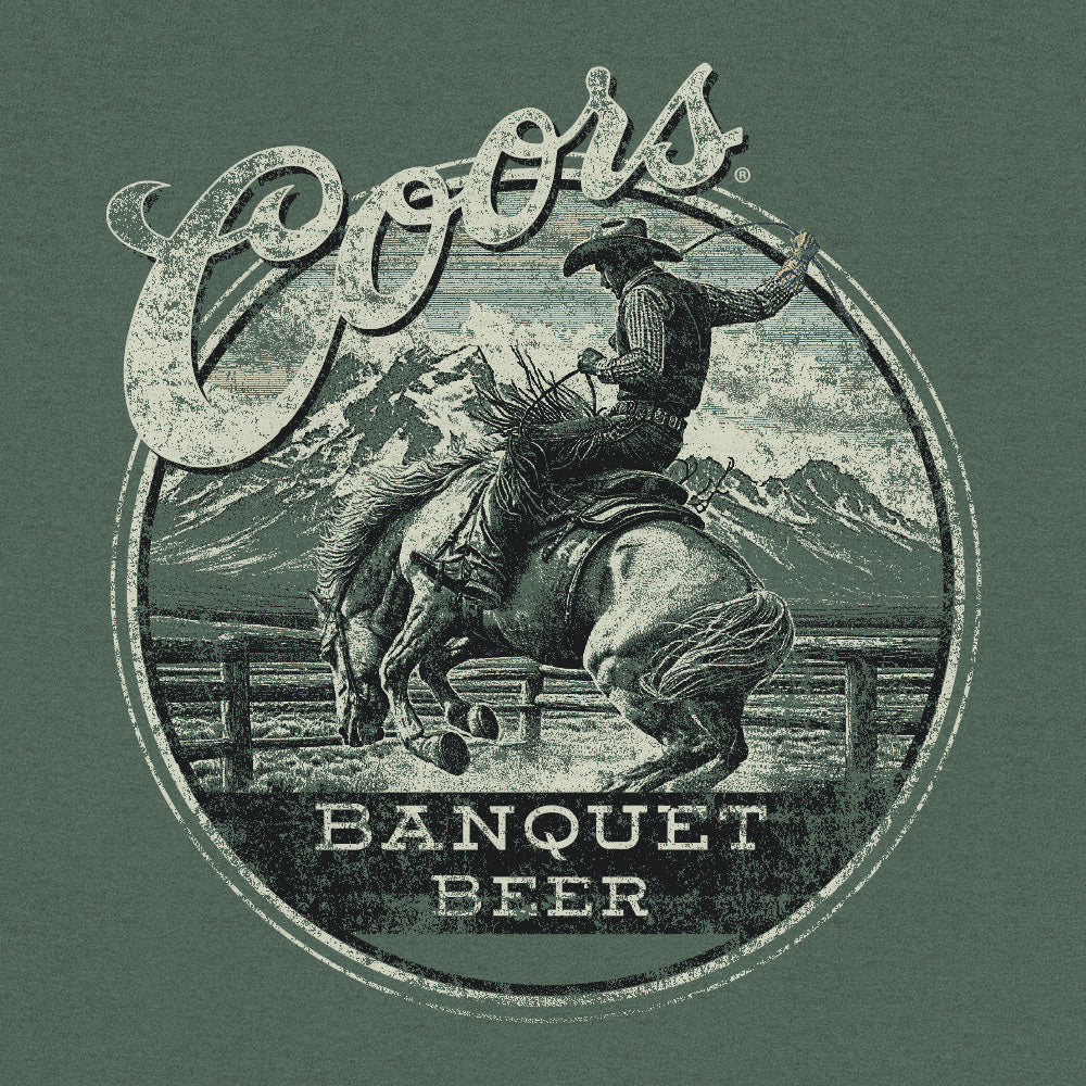 Coors Banquet Beer logo with a cowboy on a horse against a mountainous background.