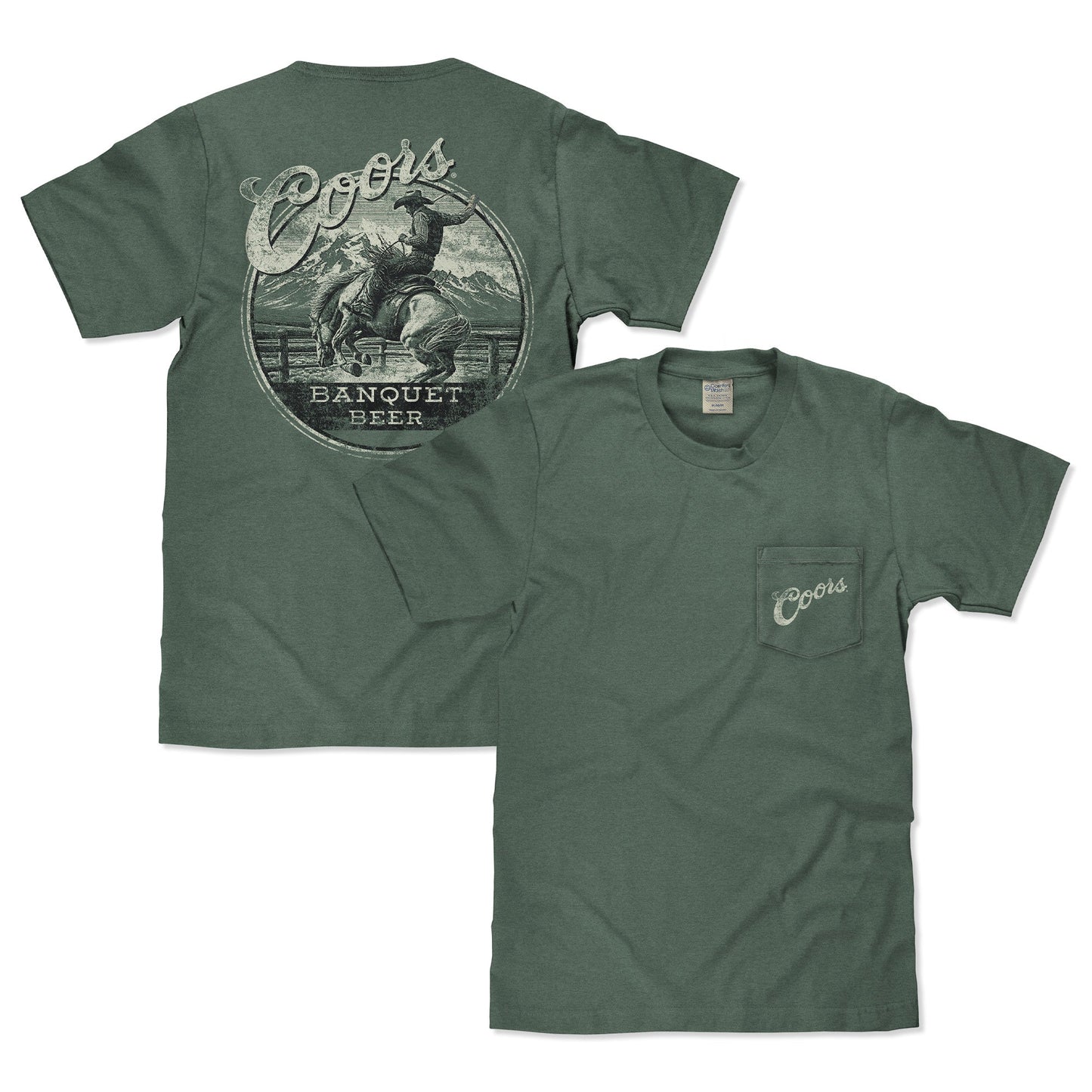 Green t-shirt with Coors Banquet Beer graphic on a white background