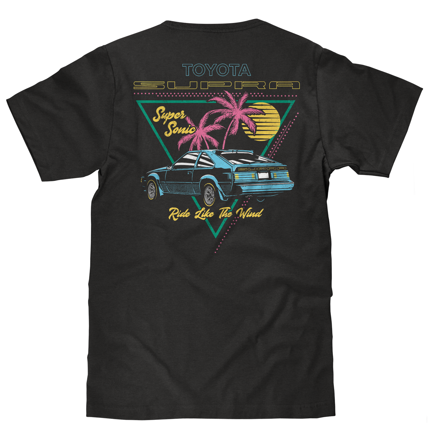 Black t-shirt with Toyota graphic design featuring a car and palm trees on a white background