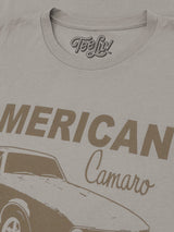 Gray t-shirt with 'American Camaro' design and TeeLuv branding.