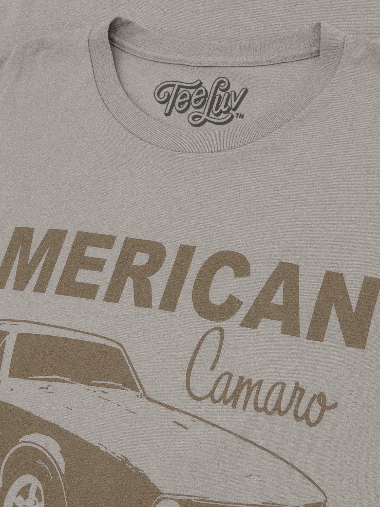 Gray t-shirt with 'American Camaro' design and TeeLuv branding.