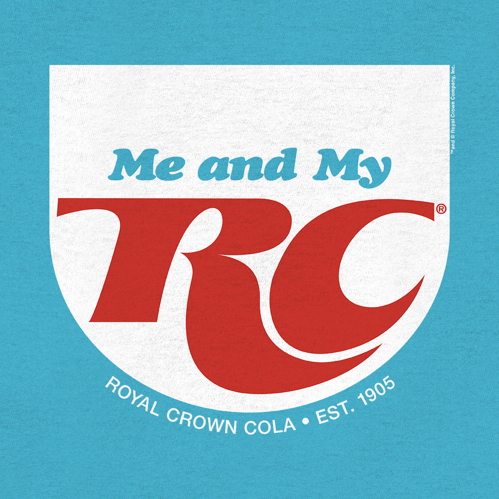 Logo of Royal Crown Cola with 'Me and My RC' text on a blue background