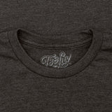 Close-up of a dark gray t-shirt with 'Tee Luv' logo on the collar.