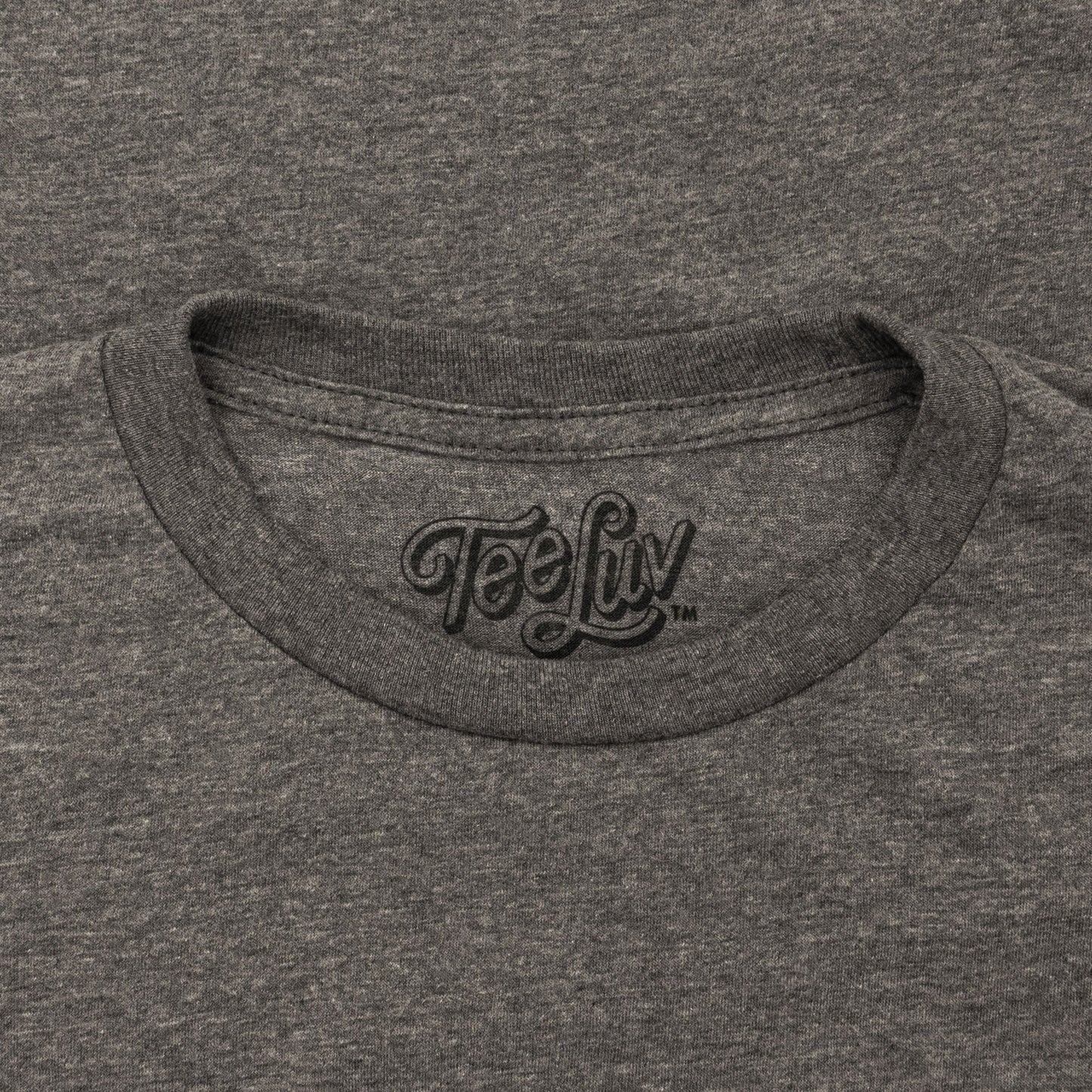Gray t-shirt with 'TeeLuv' logo on the collar