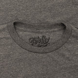 Gray t-shirt with 'TeeLuv' logo on the collar