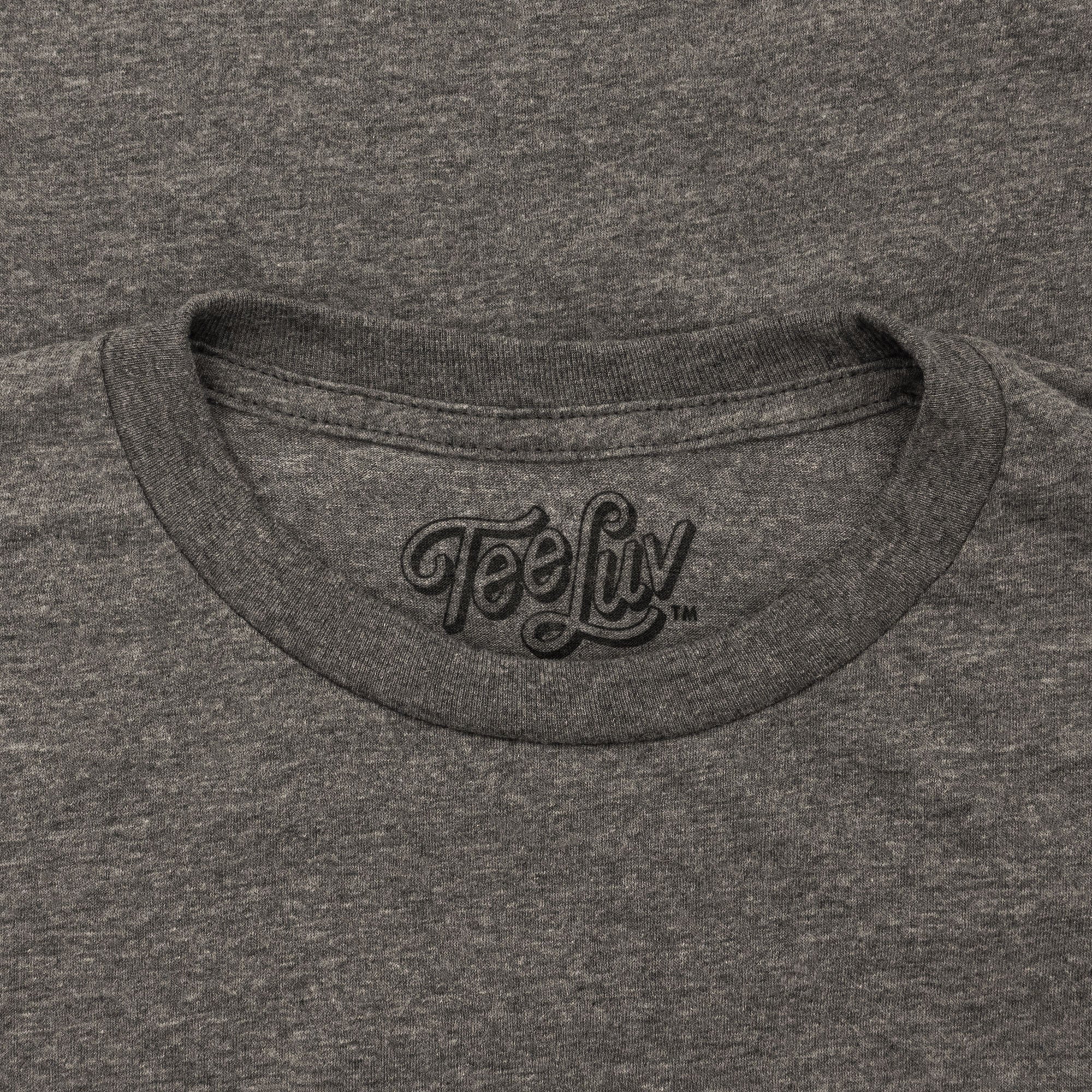 Gray t-shirt with 'TeeLuv' logo on the collar