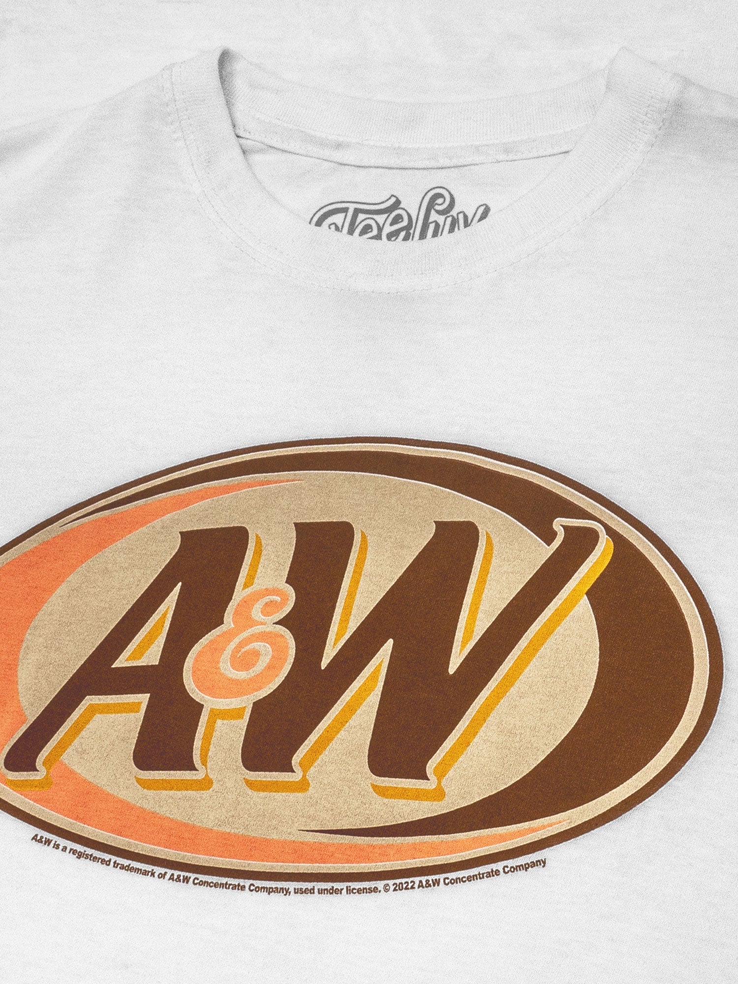 White t-shirt with A&W logo on a white background