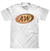 White t-shirt with A&W logo on a white background