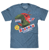 Blue t-shirt with a dinosaur and Bazooka Bubble Gum graphic on a white background