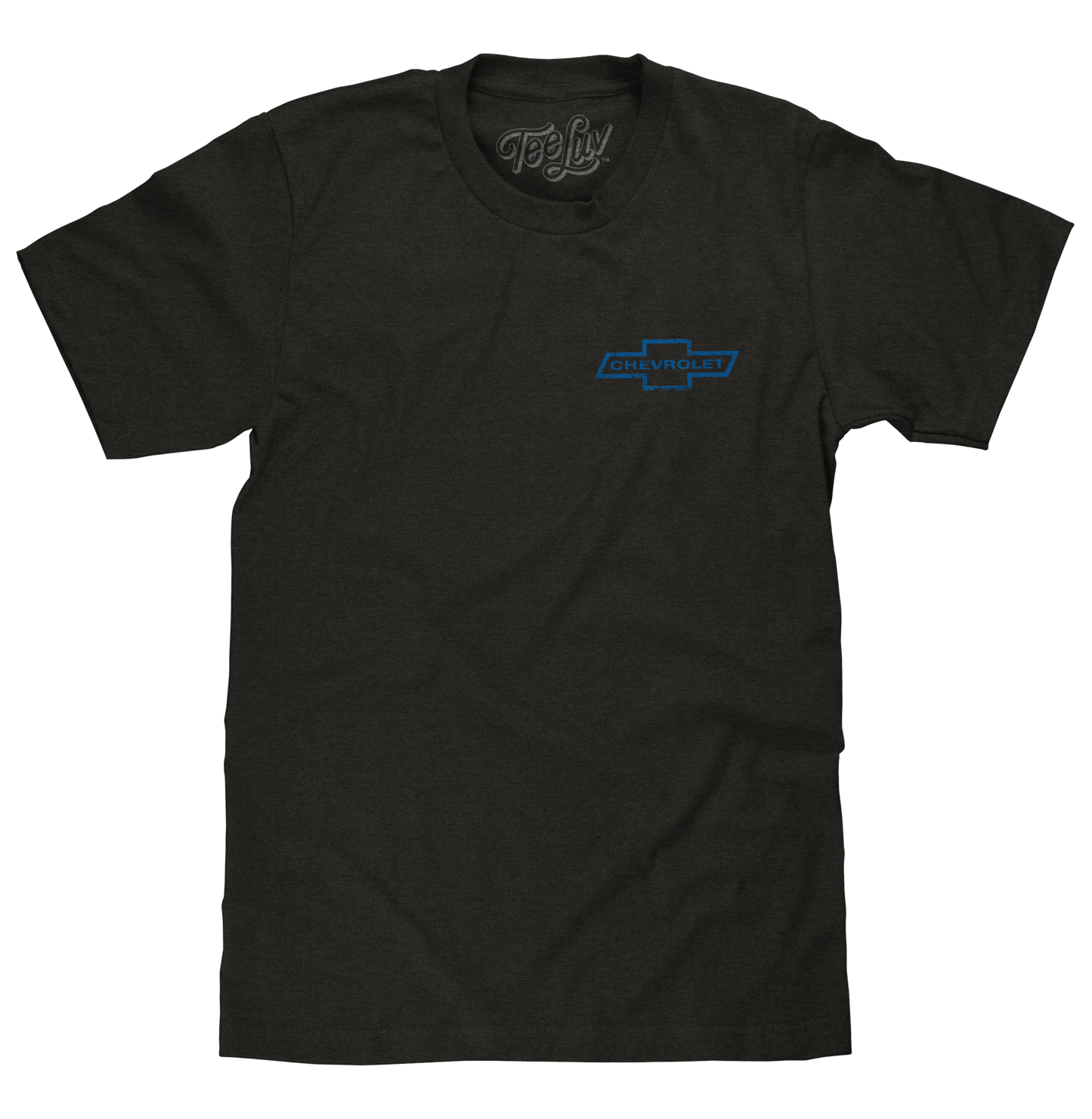 Black t-shirt with a blue Chevrolet logo on a white background