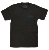 Black t-shirt with a blue Chevrolet logo on a white background