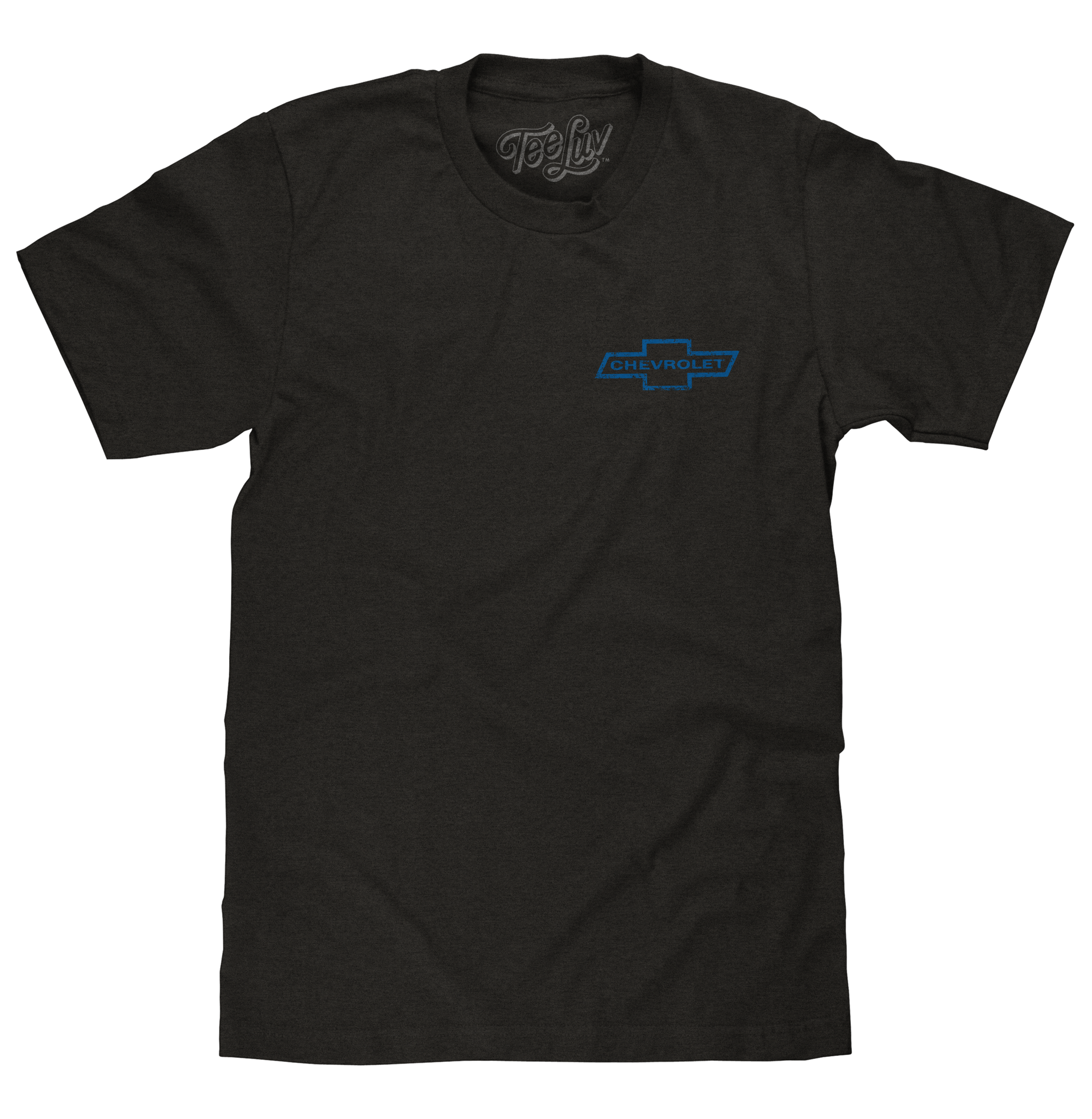 Black t-shirt with a blue Chevrolet logo on a white background
