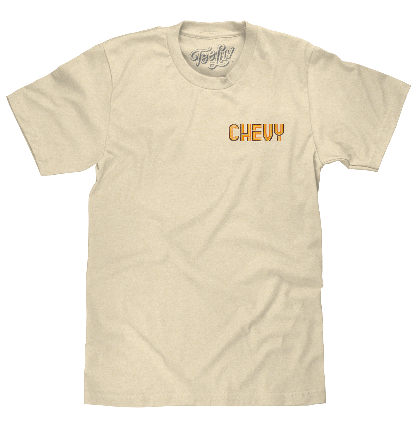 Beige t-shirt with 'CHEVY' logo on a white background