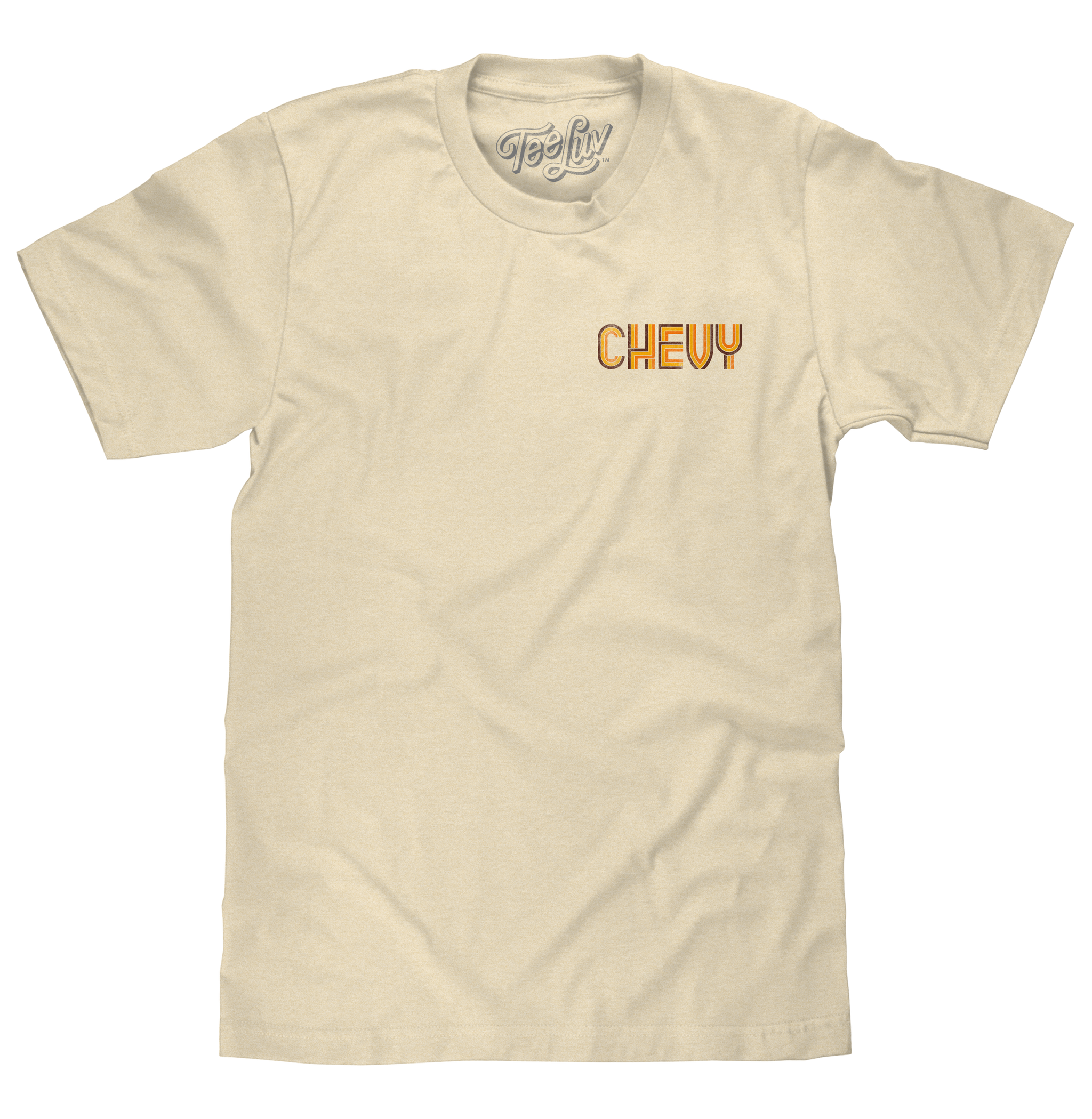 Beige t-shirt with 'CHEVY' logo on a white background
