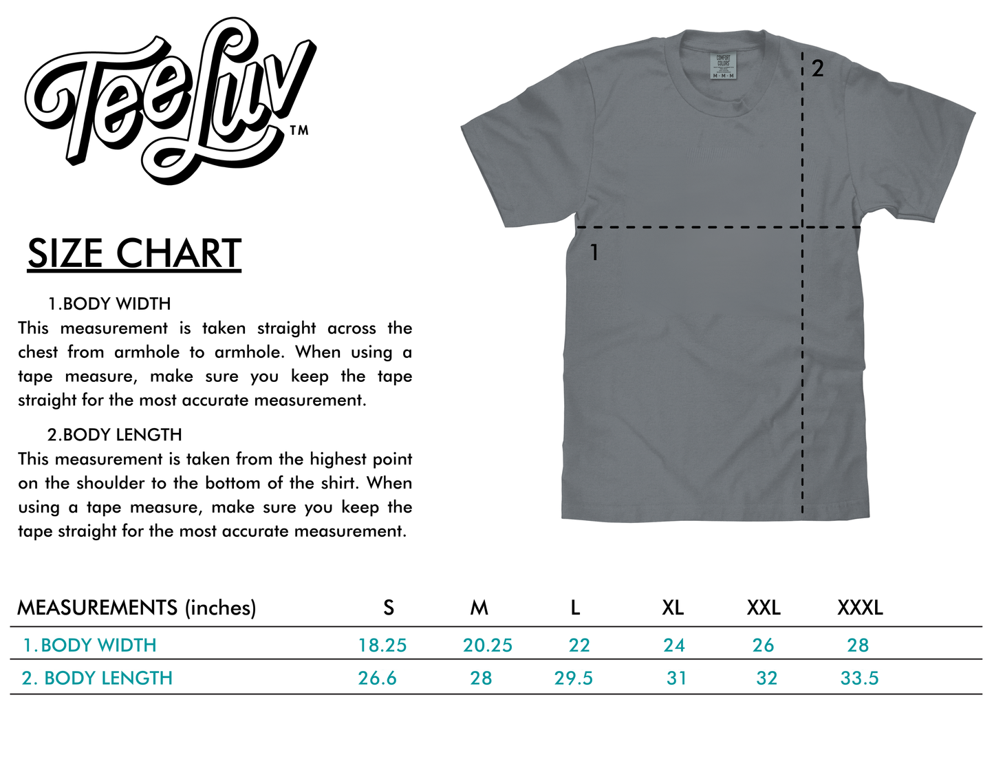 TeeLuv size chart with a gray t-shirt and measurement details on a white background
