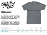 TeeLuv size chart with a gray t-shirt and measurement details on a white background