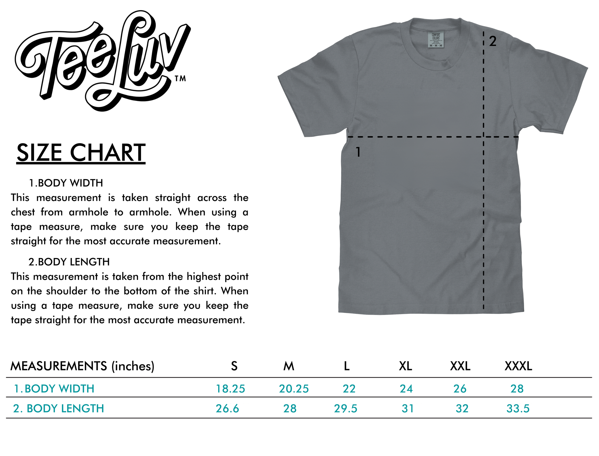 TeeLuv size chart with a gray t-shirt and measurement details on a white background