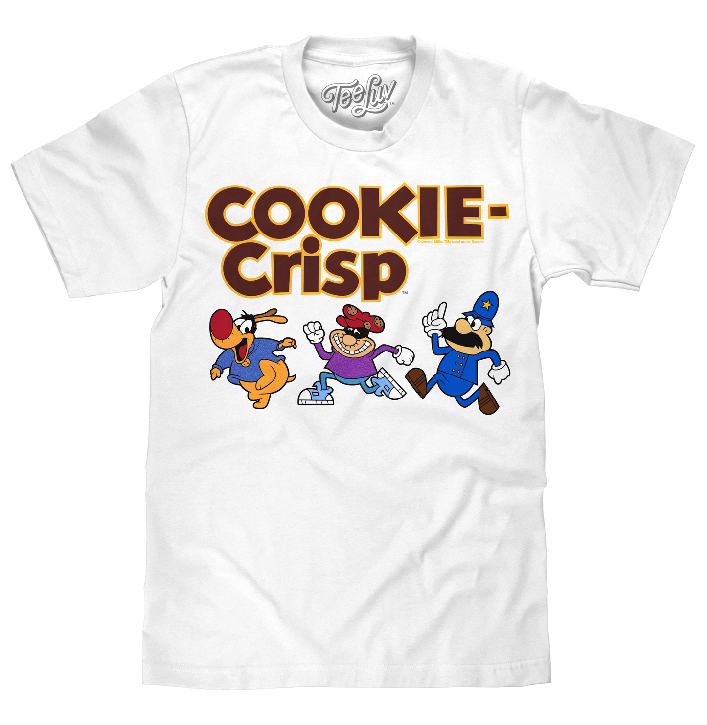 White t-shirt with cartoon characters and 'Cookie Crisp' text on a white background