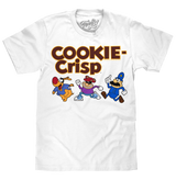 White t-shirt with cartoon characters and 'Cookie Crisp' text on a white background
