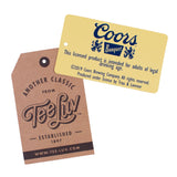 Two product tags, one from Coors Banquet and one from Tee Luv, on a white background.