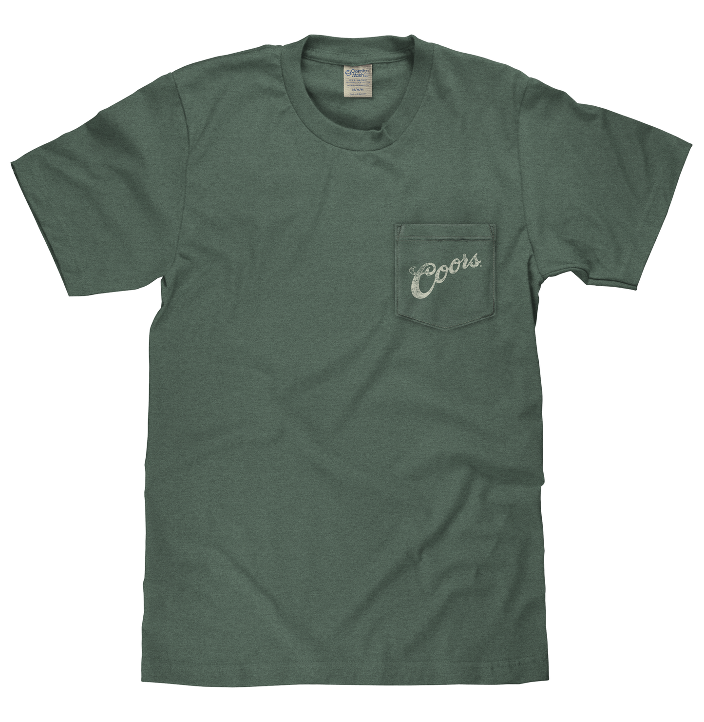 Green t-shirt with a pocket and 'The Coors' logo on a white background