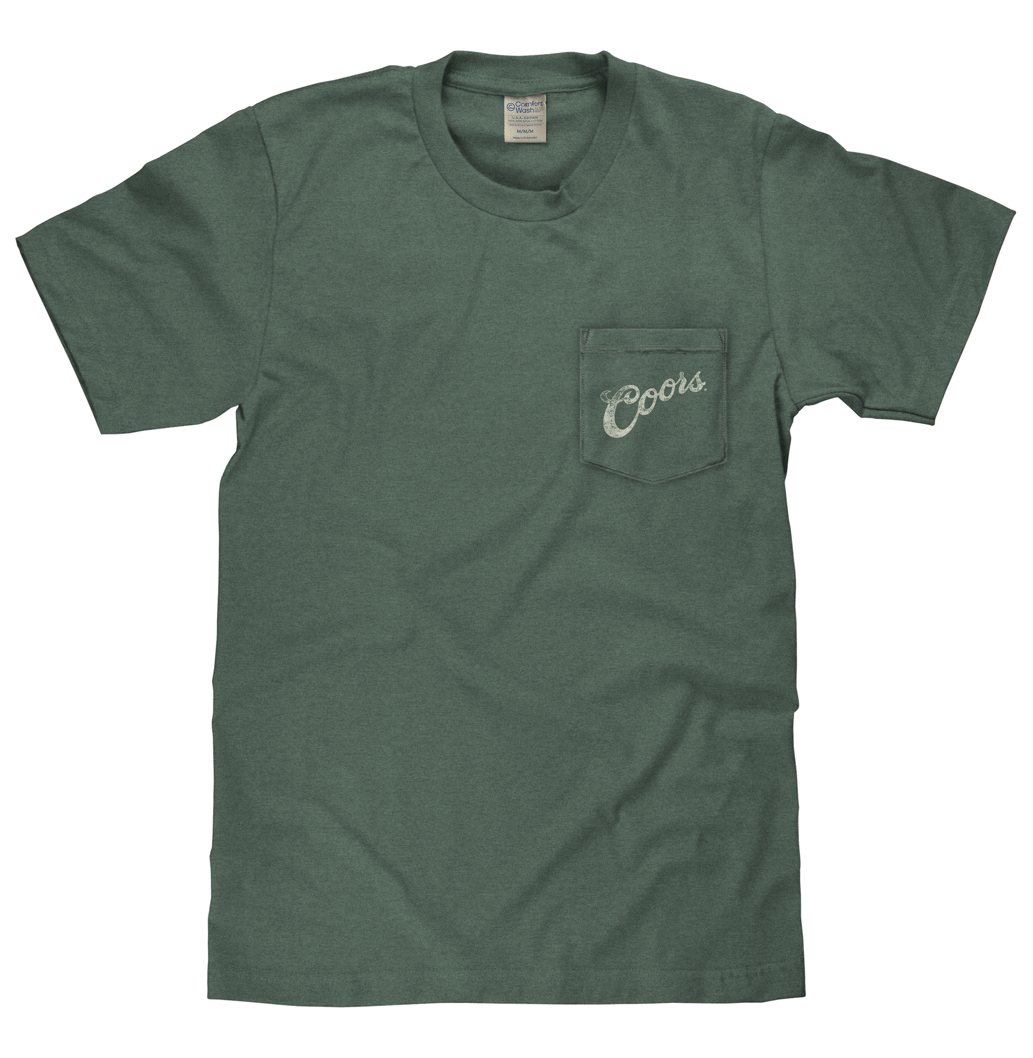 Green t-shirt with a pocket and 'The Coors' logo on a white background
