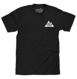 Black t-shirt with a white logo on a white background