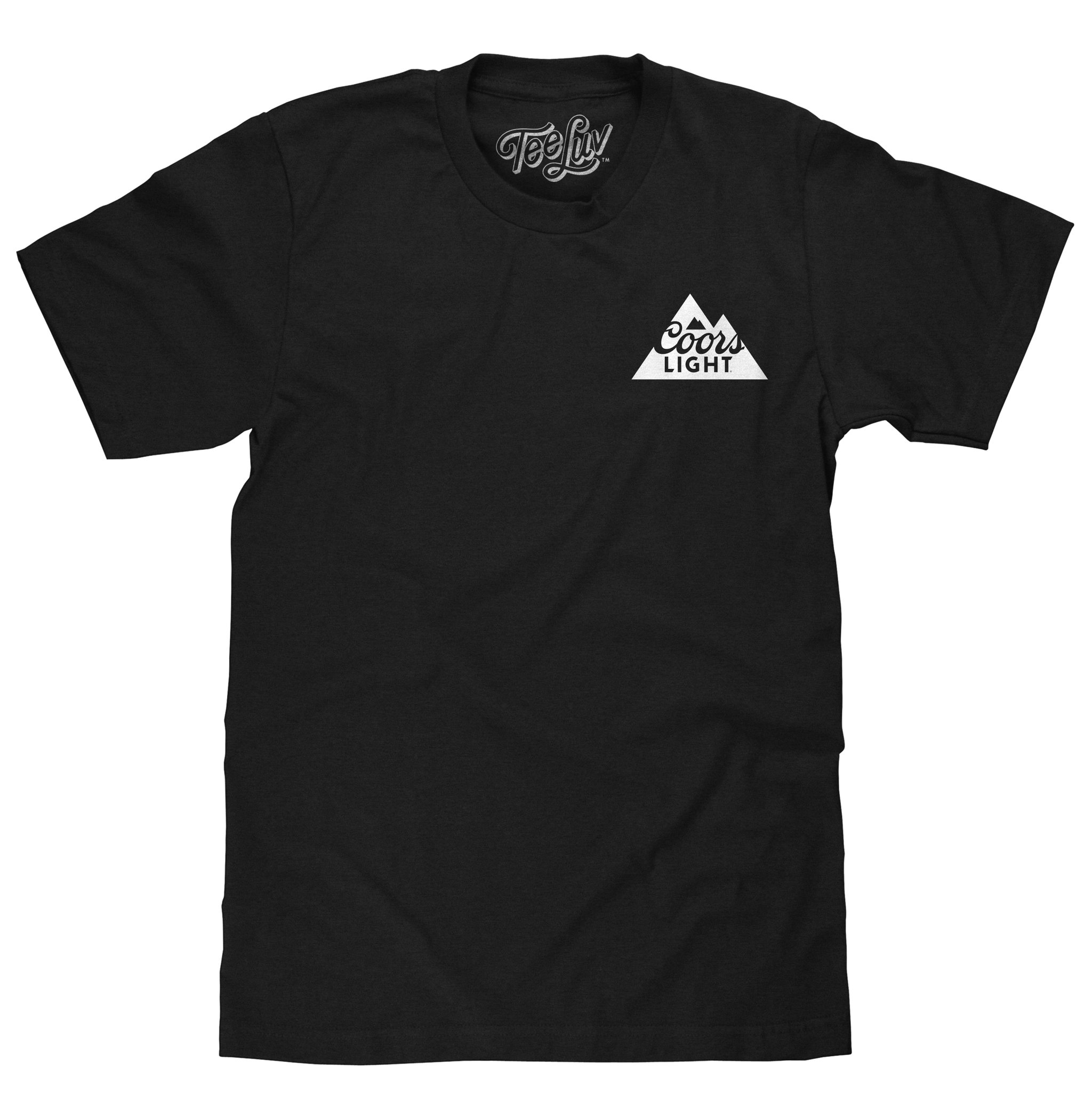 Black t-shirt with a white logo on a white background