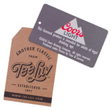 Two product tags, one from Coors Light and one from Tee Luv, on a white background.