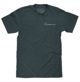 Dark gray t-shirt with 'Corvette' logo on a white background
