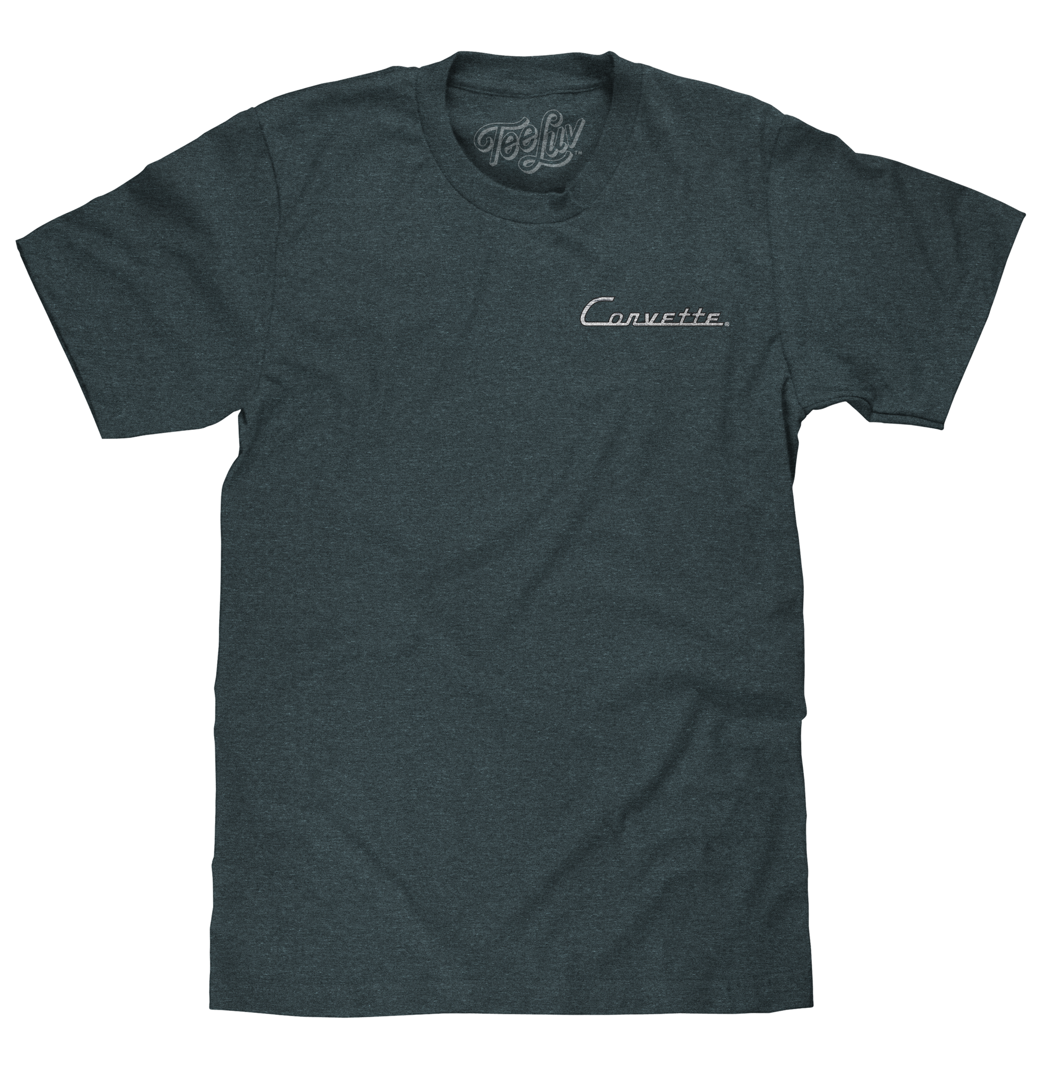 Dark gray t-shirt with 'Corvette' logo on a white background