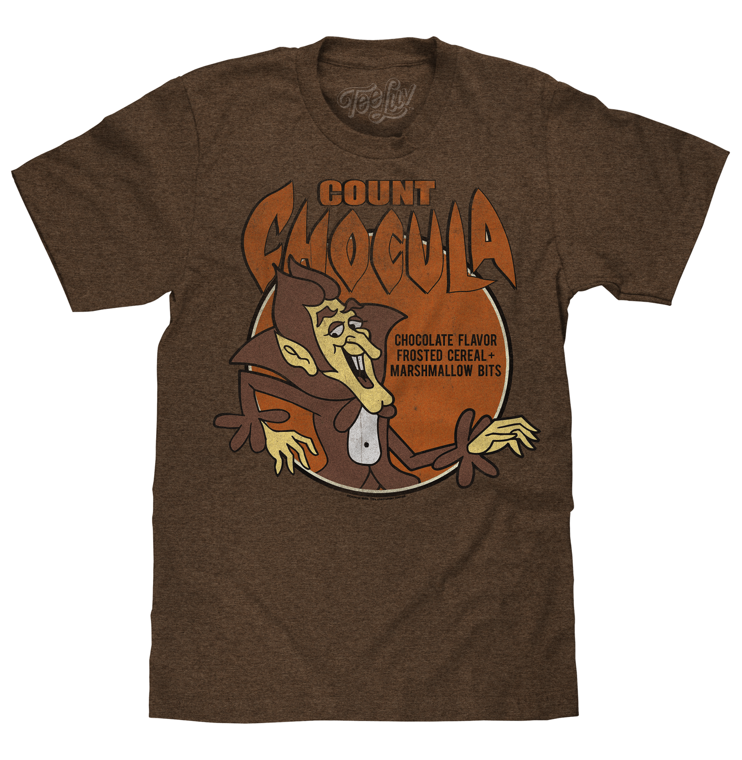 Brown t-shirt with Count Chocula graphic design on a white background